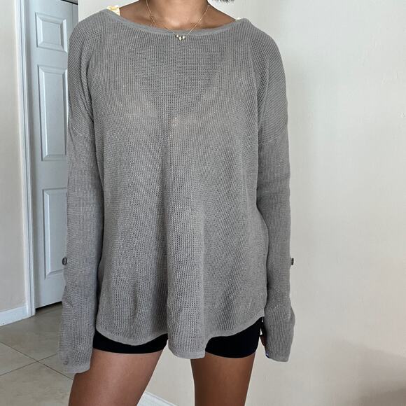 Max Studio Gray Crewneck Knit Pullover Sweater Back Buttons Linen Blend Size L - Picture 8 of 13